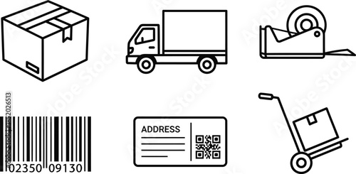 Line art vector set of 6 logistics icons cardboard box delivery truck tape dispenser barcode shipping label and dolly