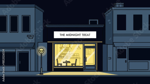 The Midnight Treat Cafe Exterior at Night with Warm Interior Glow.