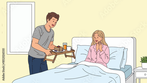 Thoughtful man brings breakfast in bed to a surprised and happy woman.
