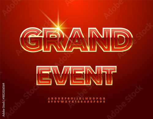 Vector Luxury icon Grand Event. Elite Chic Red and Gold Font. Premium Alphabet Letters and Numbers.