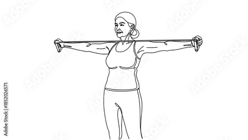 High-quality black continuous line art of senior performing arm-strength exercises with resistance bands, physiotherapy, rehabilitation, elderly fitness, healthcare wellness illustration