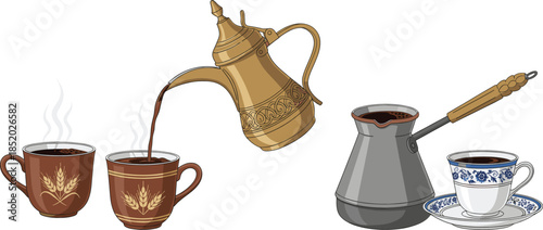 Hot coffee and tea set featuring cups coffee pot and cezve cultural beverage flat vector illustration