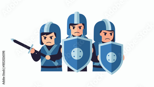 Three determined cartoon knights in blue armor and helmets stand ready for battle one with a sword and two with shields.
