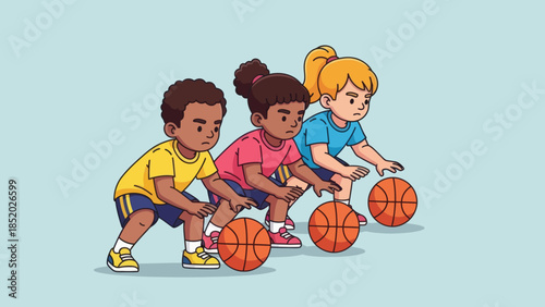 Three diverse children dribbling basketballs together showcasing teamwork and active play in a vibrant illustration.