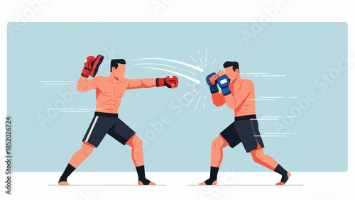 Two boxers engaged in a dynamic fight throwing punches in a boxing match.