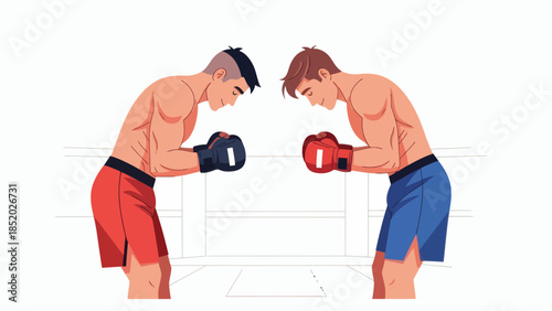 Two boxers face off in a boxing ring ready for a fight showcasing determination and rivalry.