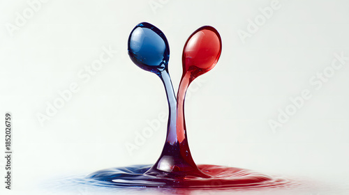 Red and blue liquid drops merging and splashing