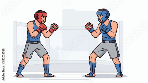 Two boxers in a boxing ring ready to fight wearing protective gear.
