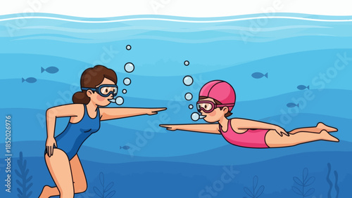 Two women swimming underwater one teaching the other to swim with fish and bubbles in the background.