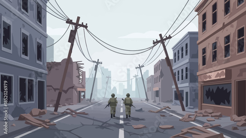 Two people walk through a destroyed city street after an apocalypse.