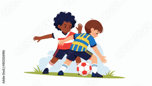 Two young boys playing soccer on a grassy field dribbling the ball with focus and determination.