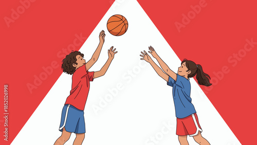 Two young girls playing basketball with a ball in the air set against a red and white background.