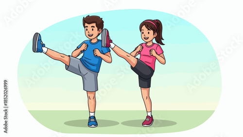 Two young people exercising together performing high kicks in a dynamic workout session.