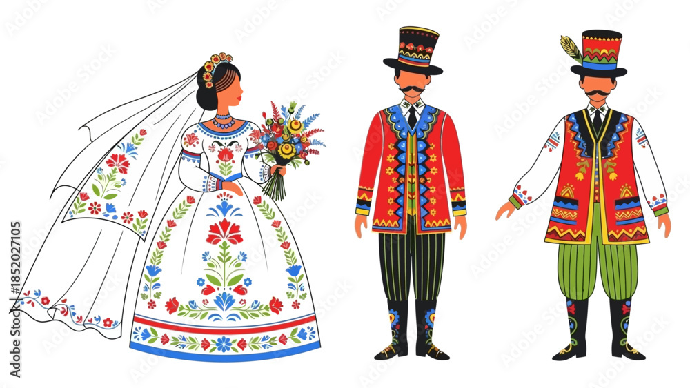 Obraz premium Traditional Polish Folk Art Wedding Couple Vector Illustration. Bride and Groom in Colorful Ethnic Costumes with Floral Patterns