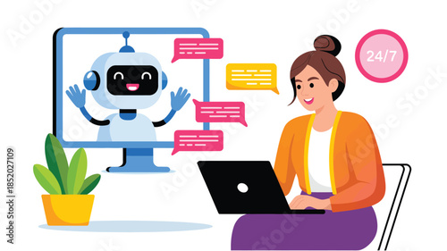 Customer support chatbot illustration with woman using laptop and AI assistant showing online help desk service automation and 24 7 support concept