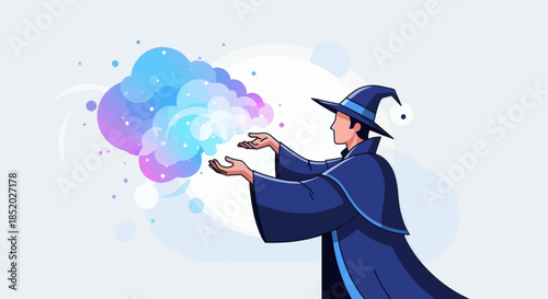 Wizard casting a colorful magic spell with mystical smoke and light.