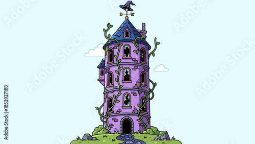 Whimsical Purple Witch Tower with Winding Path and Weather Vane.