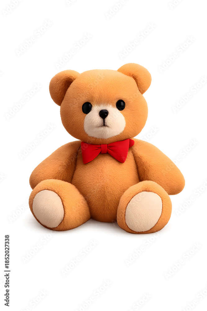 Obraz premium 3D cartoon-style illustration of a cute brown teddy bear with a red bow tie, sitting upright, ideal for children’s content, gifts, or playful decor themes. 