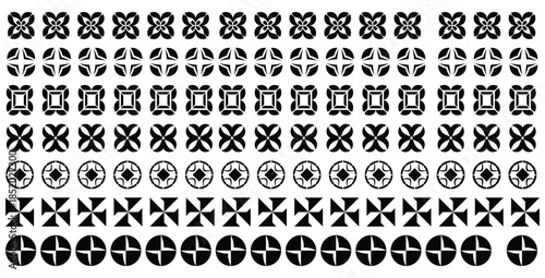 Collection of repetitive black and white geometric decorative symbols and abstract pattern elements