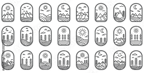 Collection of twenty-four minimalist line art nature badges featuring mountains forests and day night scenes