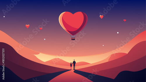 Couple walking towards heart-shaped hot air balloon