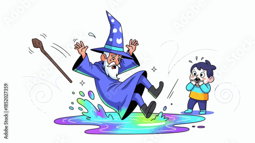 Wizard Falls into Puddle of Colorful Liquid with Surprised Child Watching.