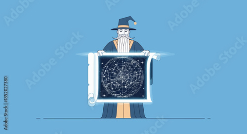 Wizard holding a magical glowing book with celestial map.