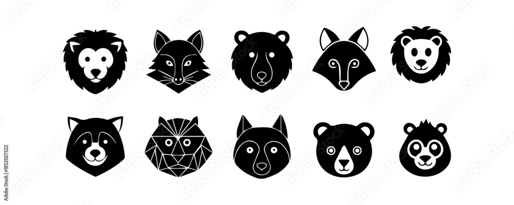 Obraz premium Minimalist Animal Face Icon Set – Black Wildlife Logo Symbols Vector