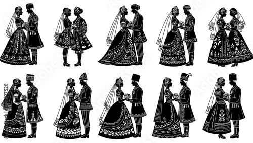Traditional Folk Art Wedding Couple Silhouette Vector Set. Ethnic Costumes from Russia, Mexico, Caucasus, and Europe