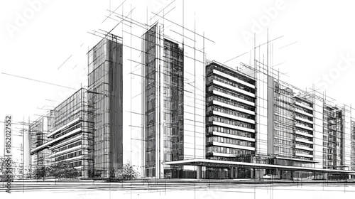 Architectural drawing of modern city buildings. Black and white sketch design concept for urban development. Blueprint style rendering.