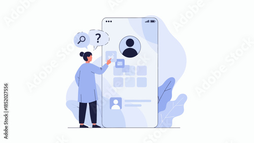 Woman searching for user profiles on a large smartphone screen illustrating online recruitment or social networking.