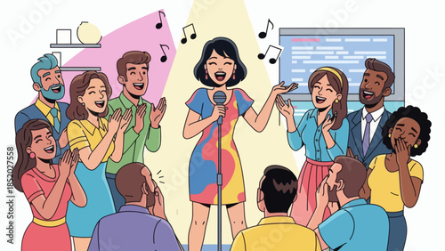 Woman singing karaoke on stage with friends cheering and clapping in a vibrant lively atmosphere.