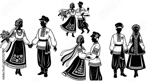 Traditional Ukrainian Wedding Couple Silhouette Vector Set. Bride in Floral Wreath and Groom in Cossack Trousers