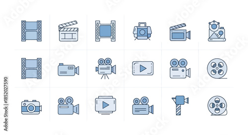 Set of film camera and video icons depicted in a flat style