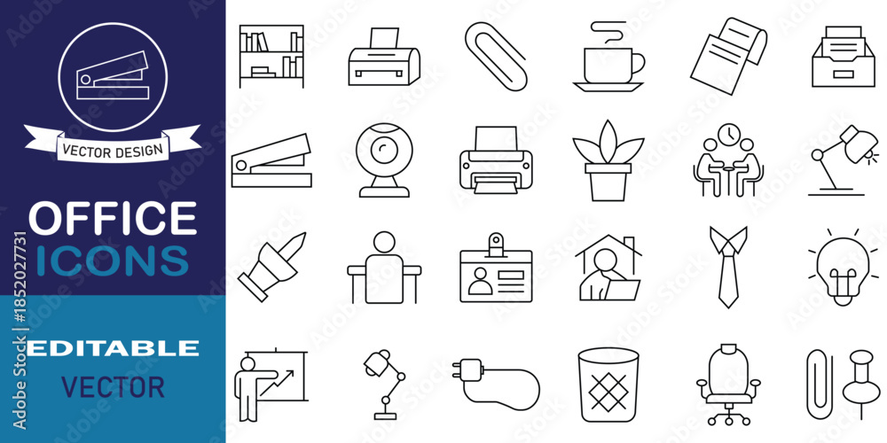 Naklejka premium Office line icon set symbol. Pack of 24 icons related to workspace, coworking, office, meeting, team, office desk, work and more. Linear icon collection editable vector illustration.