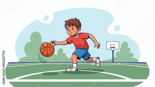 Young boy dribbling a basketball on an outdoor court practicing his skills.