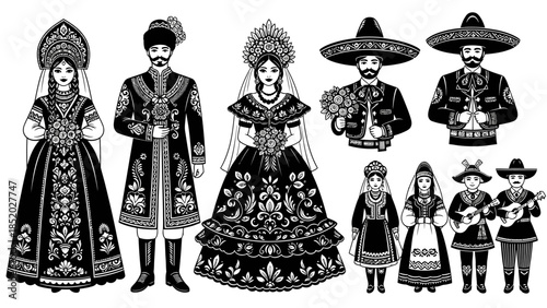 Traditional Folk Art Wedding Couple Silhouette Vector Set. Ethnic Costumes from Russia, Mexico, Caucasus, and Europe