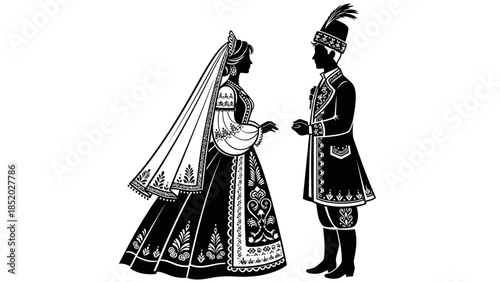 Traditional Russian Folk Art Wedding Couple Silhouette Vector. Bride in Tall Kokoshnik Headdress and Groom in Long Coat