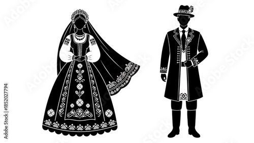 Traditional Slavic Folk Art Wedding Couple Vector Illustration. Bride in Large Floral Dress and Wreath with Groom in Hat