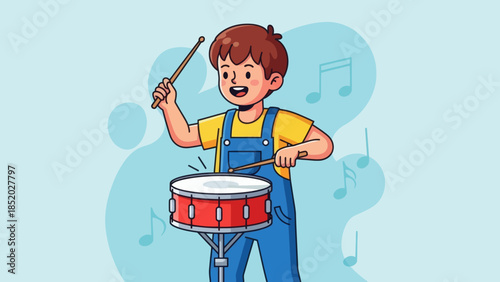 Young boy enthusiastically playing a red snare drum with drumsticks.