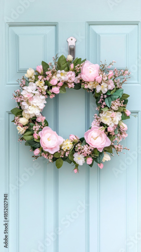 Pastel floral spring wreath on light blue door for seasonal home decoration