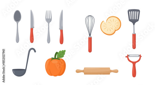 Set of kitchen utensils and food ingredients vector illustration