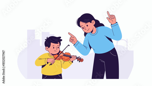 Young boy learning to play violin with female teacher.