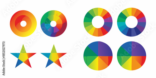 Colorful geometric shapes circles stars and color wheel segments displayed