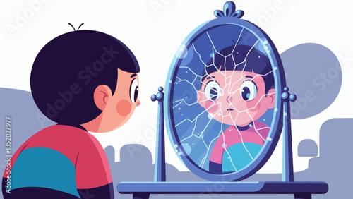 Young boy looking at his reflection in a broken mirror showing sadness and confusion.