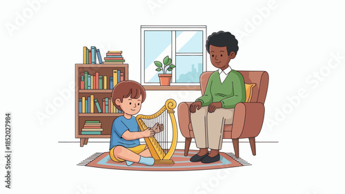 Young boy playing a harp while an adult watches in a cozy room.