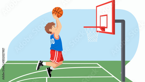 Young Boy Playing Basketball on an Outdoor Court.