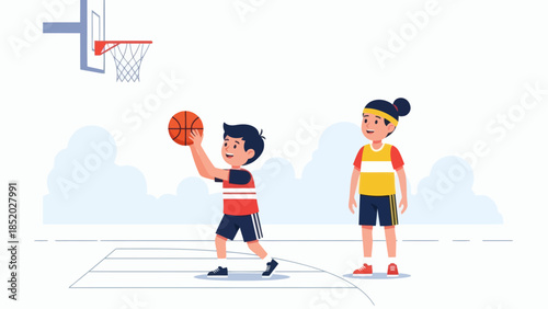 Young boy playing basketball on court aiming for the hoop with a girl watching.