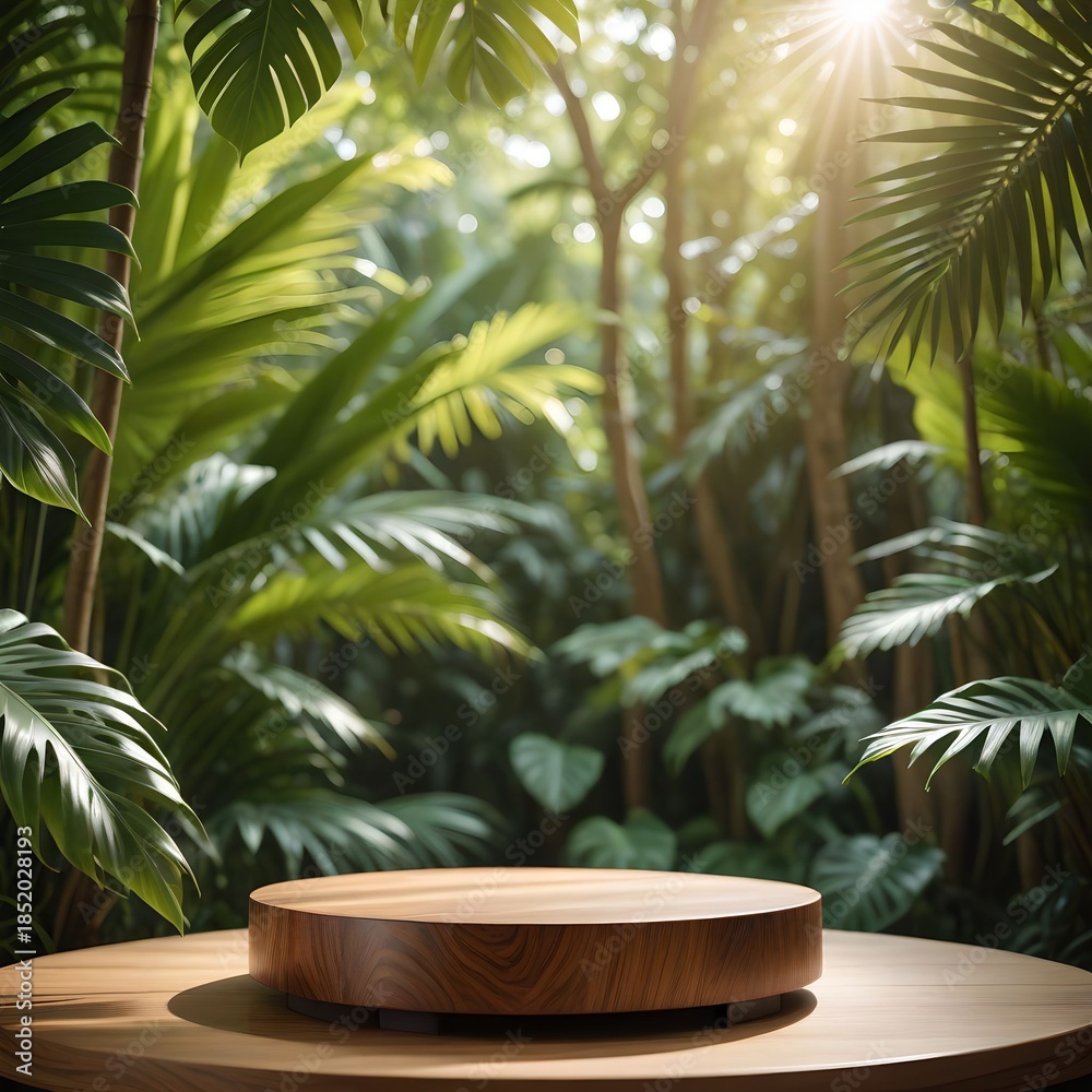 Obraz premium 3D rendered wooden podium with green tropical leaves for product display.