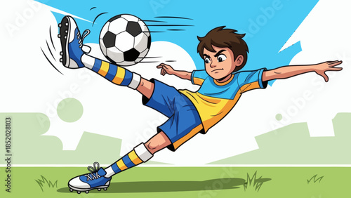 Young boy playing soccer kicking the ball with enthusiasm and skill on a sunny day.